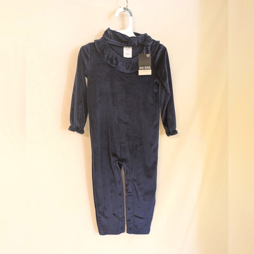 Okie Dokie Velour Jumper Suit w/matching hair band in navy blue toddler size 18m